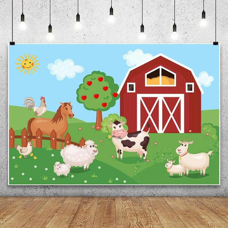Renaiss 5x3ft Farm Animals Backdrop Cartoon Red Barn Door Barnyard Farmland Cow Farm House Photography Background for Baby Shower Newborn Kids Birthday Party Decor Studio Booth Props - Image 2